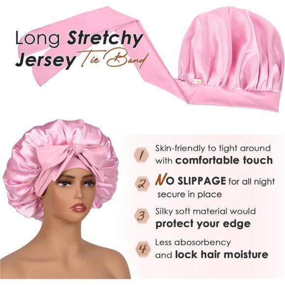 Silk Bonnet for Sleeping Women Satin Bonnet Double Layer Satin Lined PInk - Picture 3 of 5